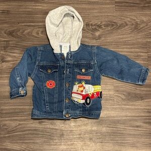 Vintage Firefighter Denim Jacket Toddler Size 24M Unisex Hooded Jean Coat